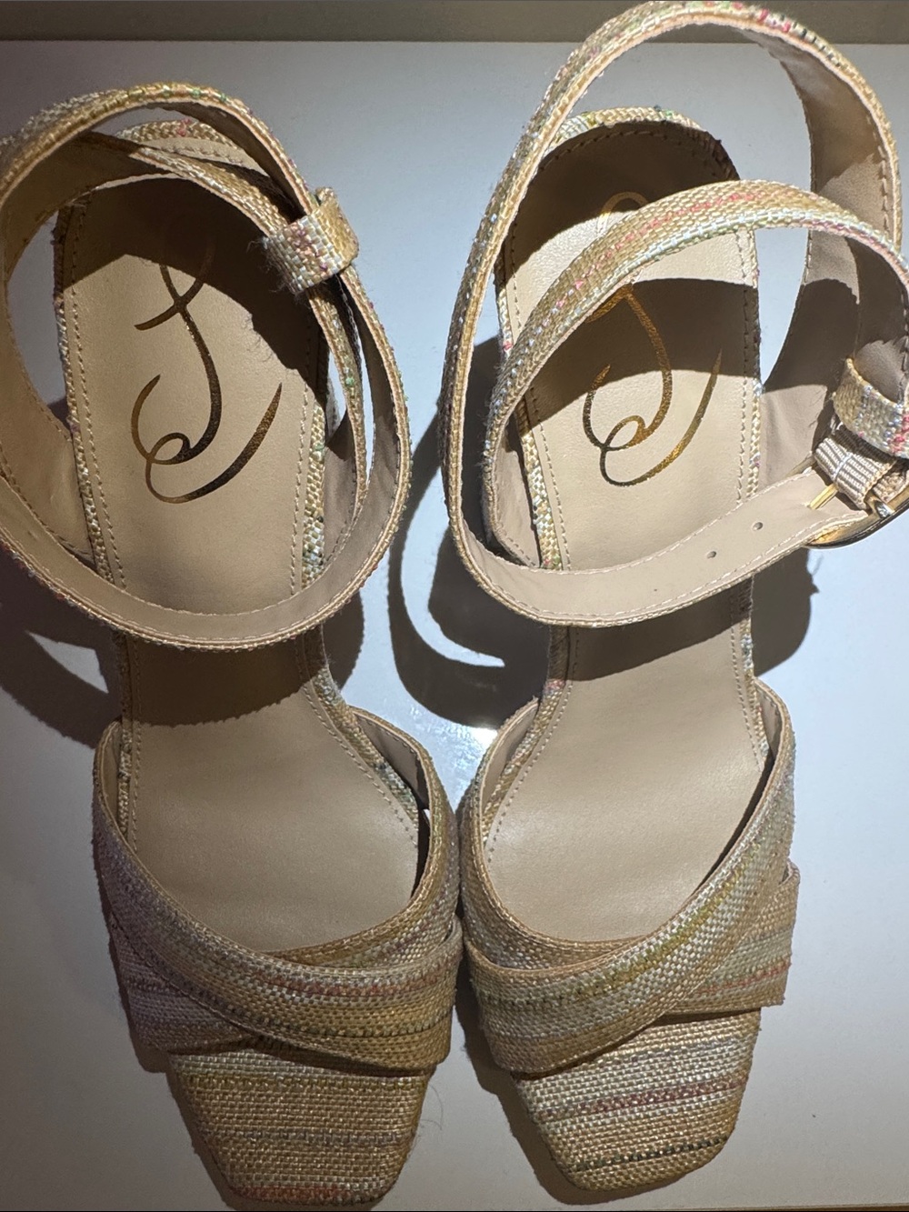 Woven Beige Ankle-Strap Sandals with Neutral Multi-Tone Accents
